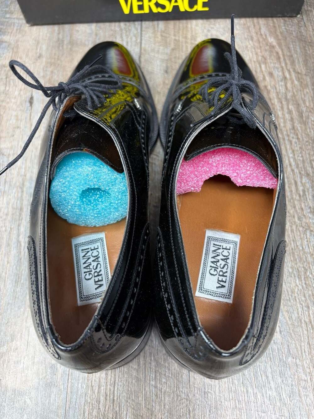 Vintage New Versace Men's 9 Blk Patent Leather Medusa Brogue Oxford Shoes W/Box - Picture 5 of 16